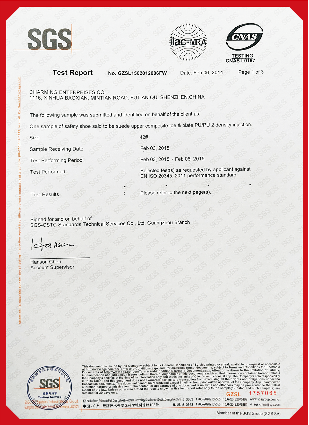 SGS Safety Shoe Test Report 2015
